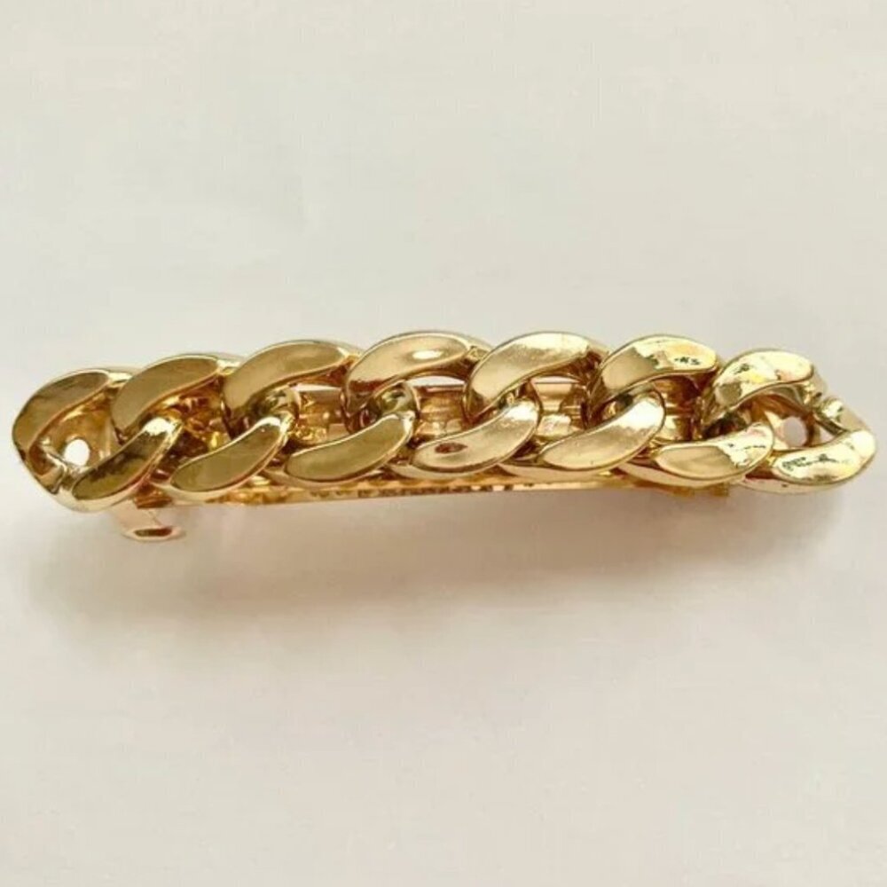 Anthropologie Large Gold Tone Acrylic Hair Barrette Clip Weave Chain Long Hair